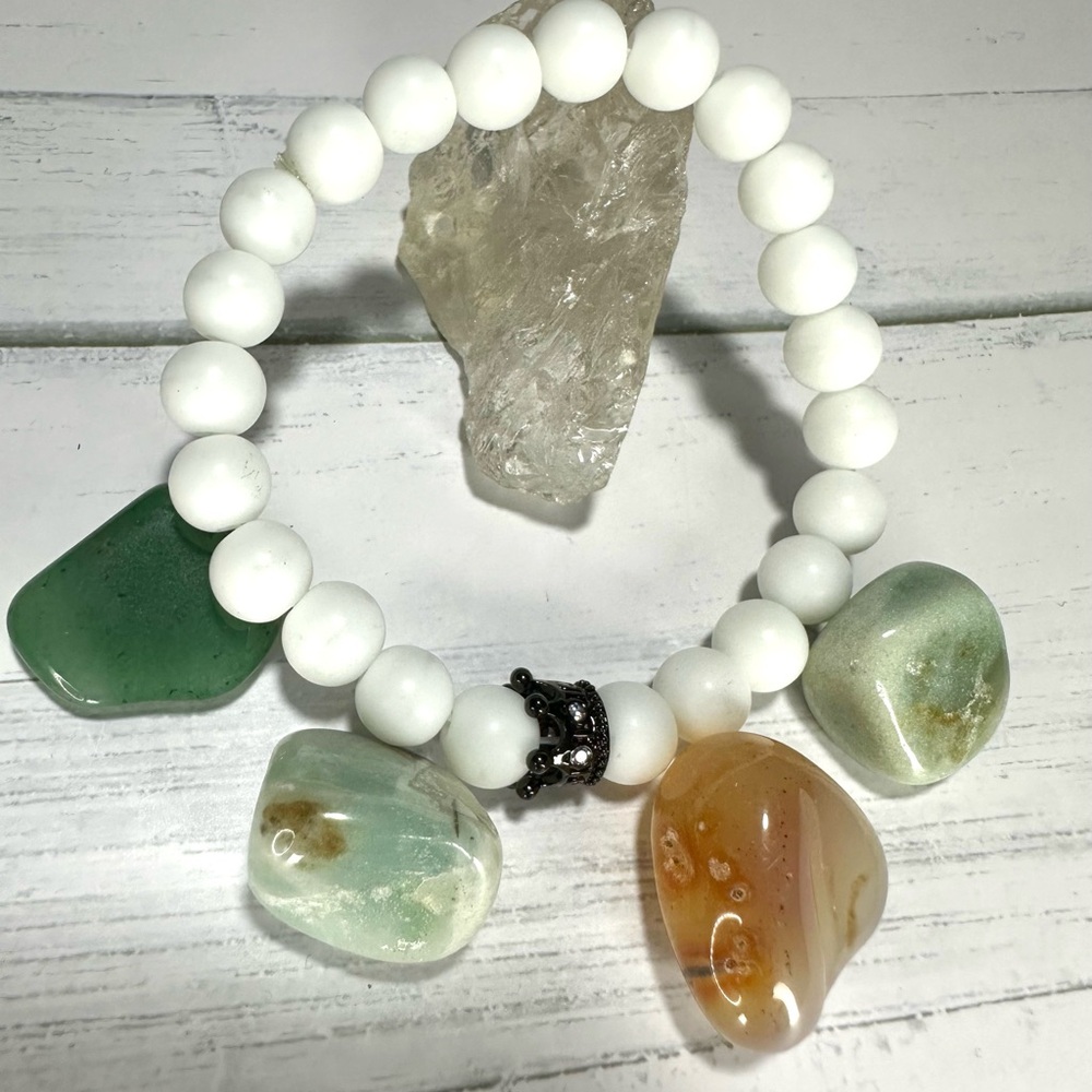 Matte White Jade 8mm Gemstone Beaded Bracelet with Black Crown Charm